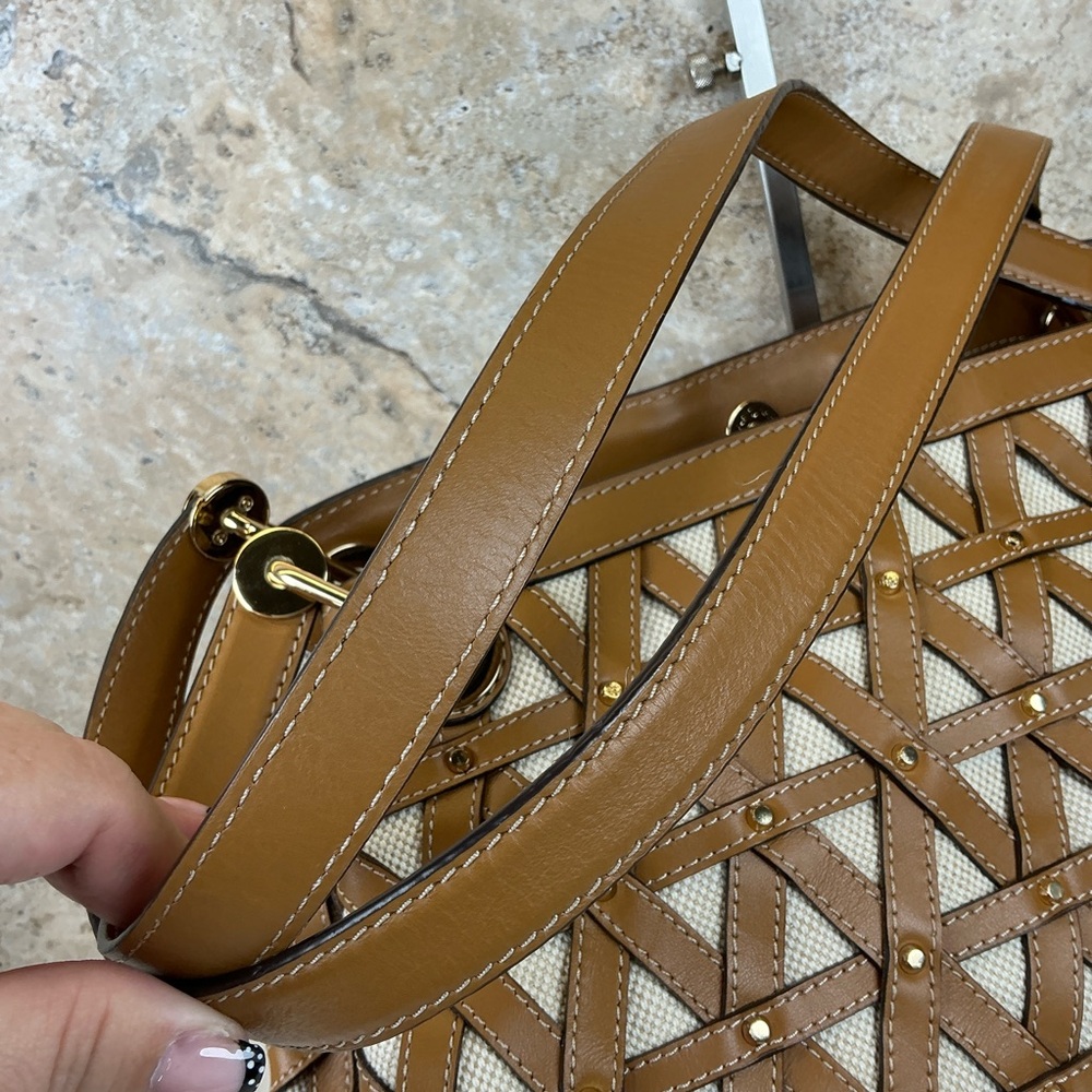 Michael‎ Kors Brooklyn Brown Gold Studded Woven Leather Canvas Shoulder Bag - Picture 6 of 16